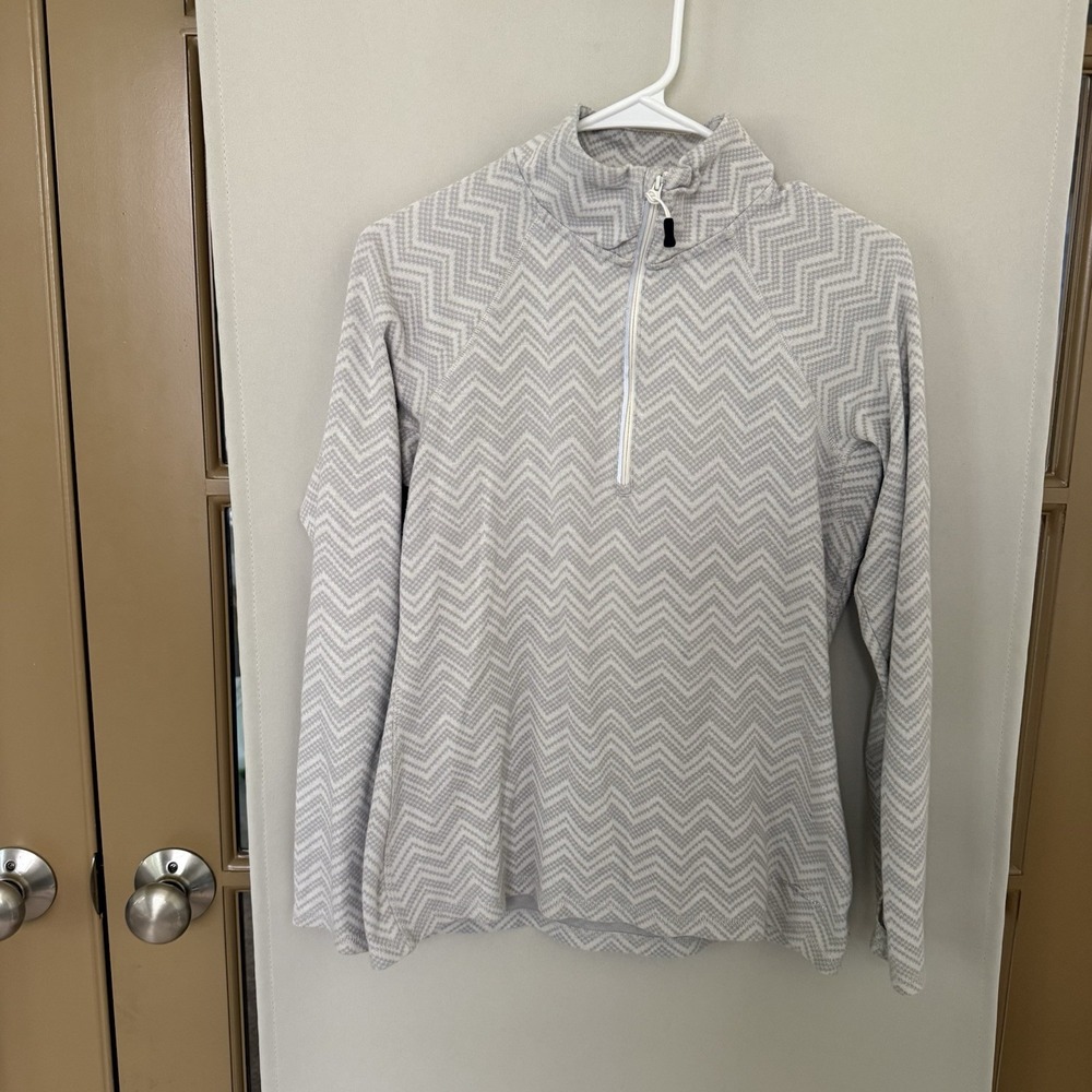 Eddie Bauer Womens Medium Grey White 1/4 Quarter Zip Pullover Long Sleeve